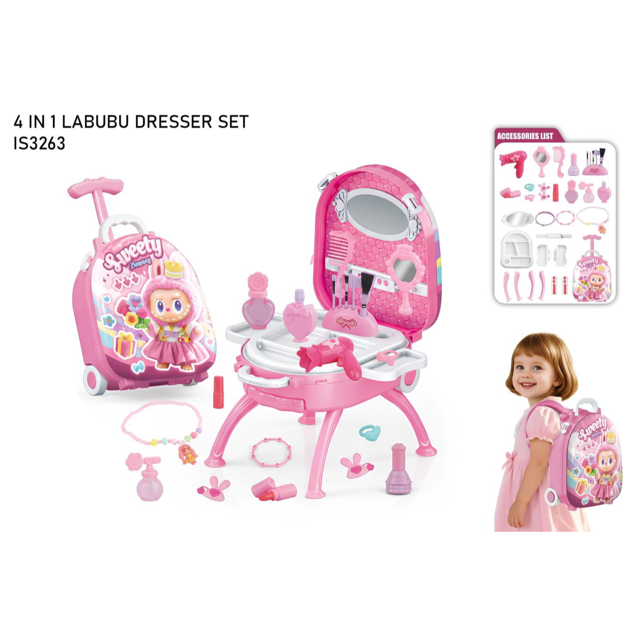 4-in-1 Labubu dresser set with accessories and a child model on a white background price qatar