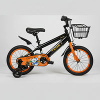 16-inch black and orange kids bicycle with training wheels and front basket