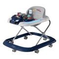 A baby walker with a navy blue base, gray seat, and white tray, featuring toy attachments and the 'Baby walker' text on the headrest, shown on a white background.