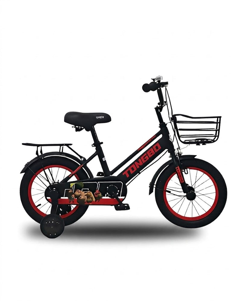 Boys Matte Black 16-Inch Bicycle with Red Rims and Basket