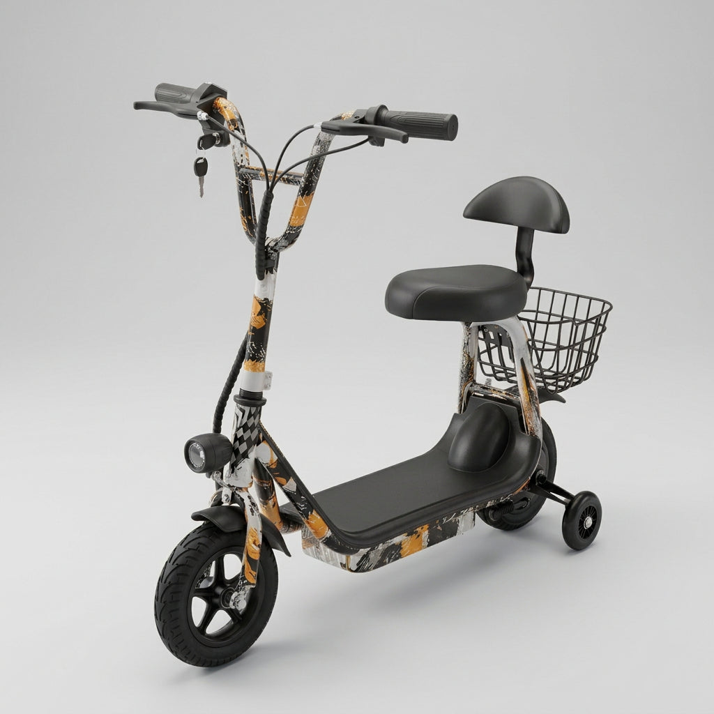 A mini electric scooter with training wheels, a black seat with a backrest, and a front wire basket, shown on a white background with product specifications text.