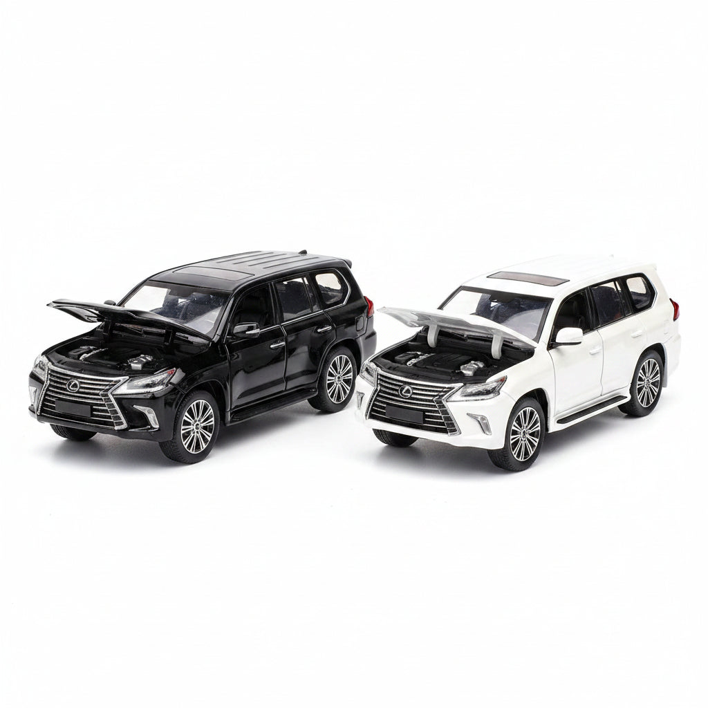 A product information graphic for a die-cast zinc alloy car mold, showing a black SUV and a white SUV model kit with dimensions, package size, parts count, and feature callouts on a white background.