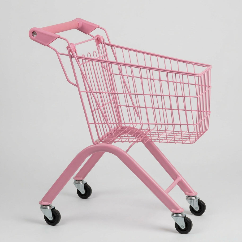 A red metal shopping cart with yellow handle grips and black wheels, photographed indoors on a tiled floor near a store counter where a person is standing in the background.