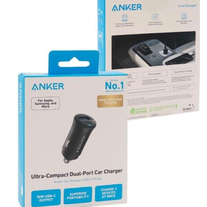 Anker Ultra-Compact Dual-Port Car Charger packaging with product and box on a white background price qatar