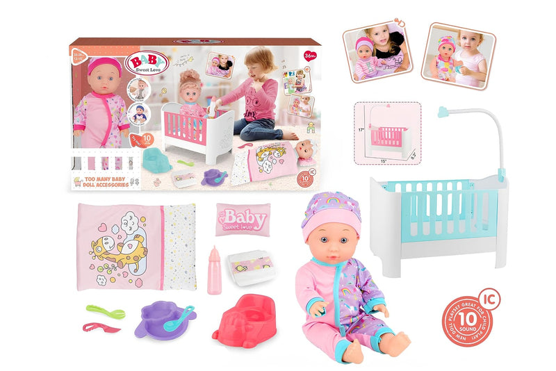 Baby Sweet Love Doll Set with Crib & 10 Accessories – 10 Sounds