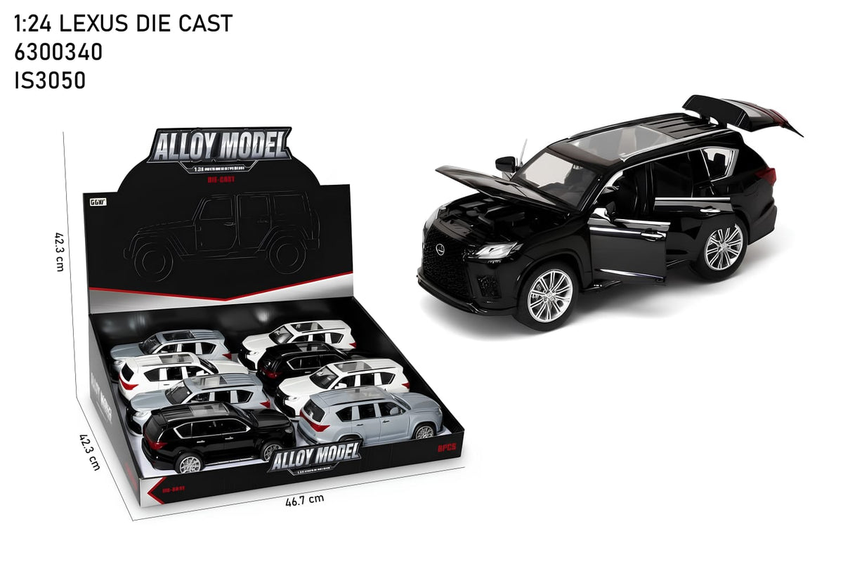 Black Lexus diecast model car with packaging on a white background QATAR