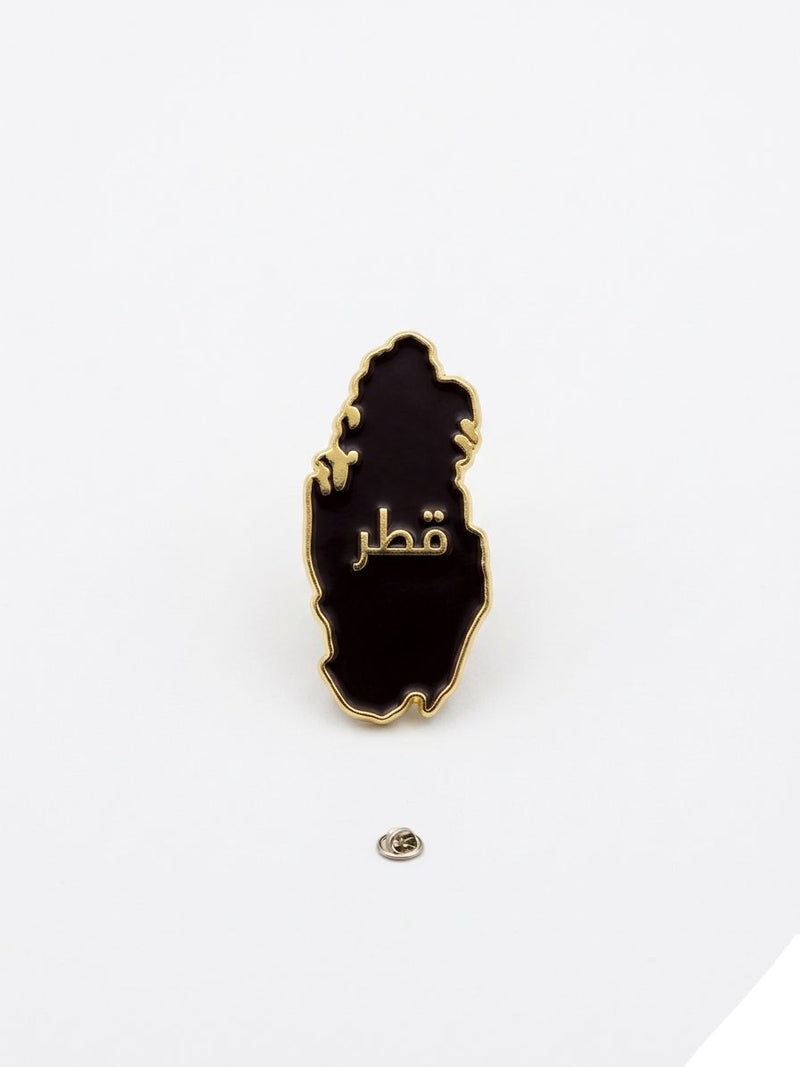 Qatar Map Pin Badge - Gold Plated Black Enamel with Arabic Text