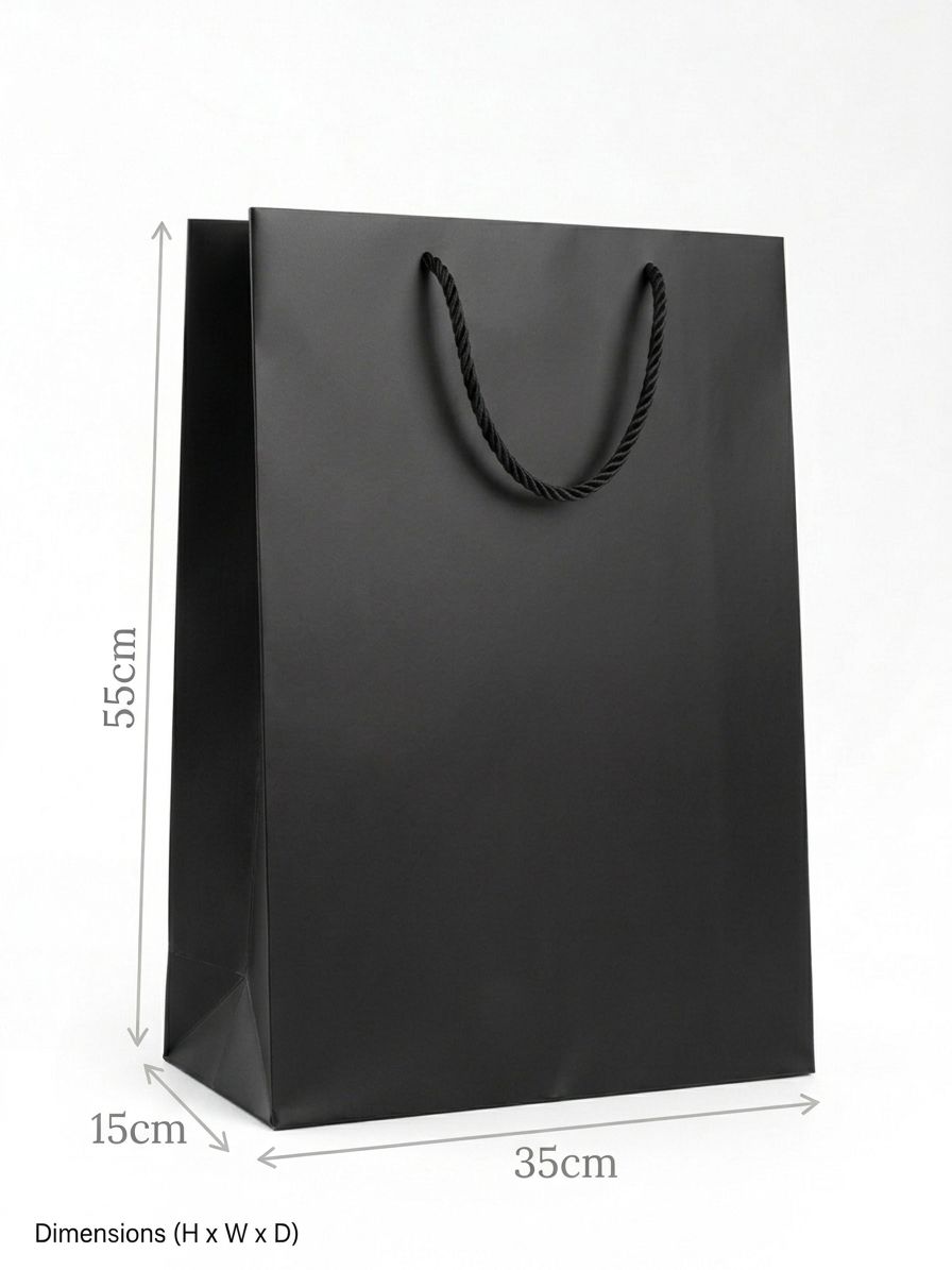 Black paper bag with dimensions indicated on a white background QATAR  PRICE