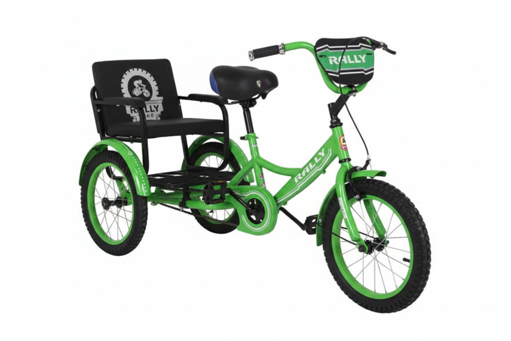 Blue tricycle with black seat on a white background QARAR