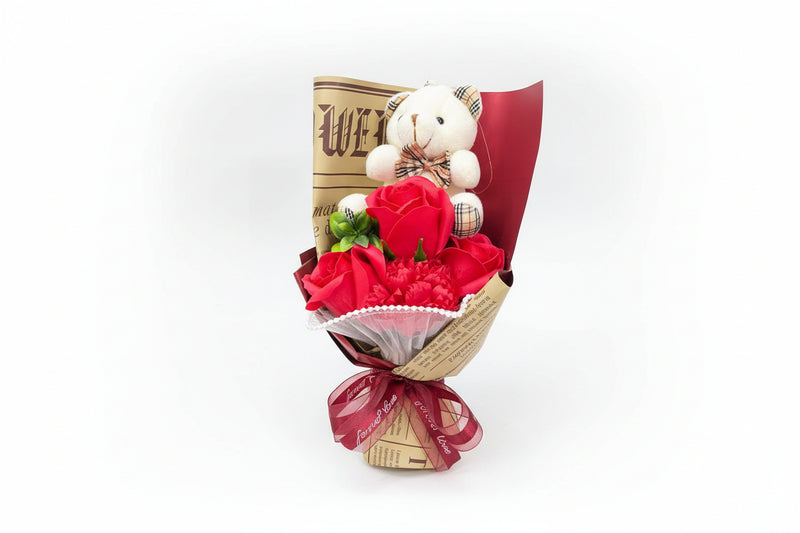 Soap Rose Bouquet with Teddy Bear - Red Roses Gift Set