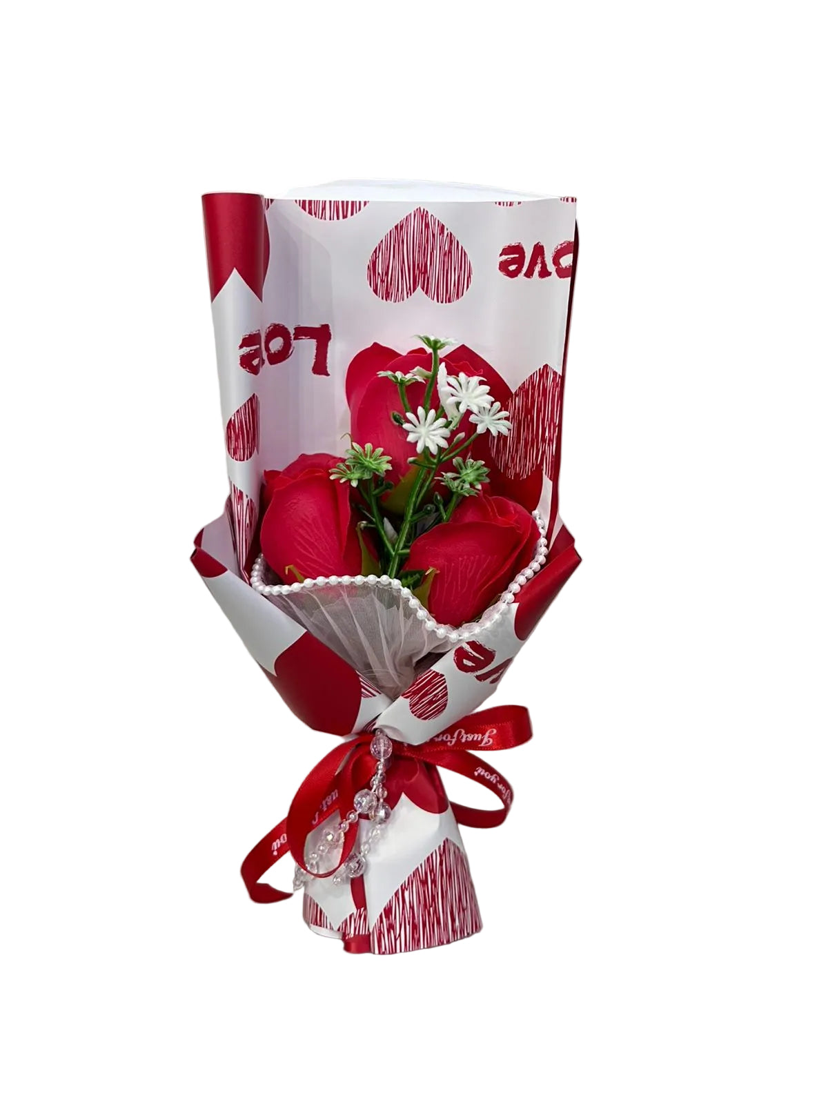 Bouquet of red roses wrapped in white paper with red hearts QATAR PRICE