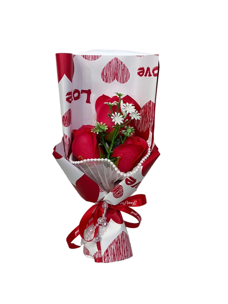 Love Soap Artificial Rose Bouquet - 3 Red Roses Gift Wrap
