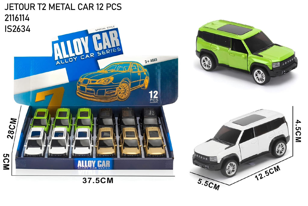 Box of alloy cars with a green SUV model and measurements on a white background QATAR