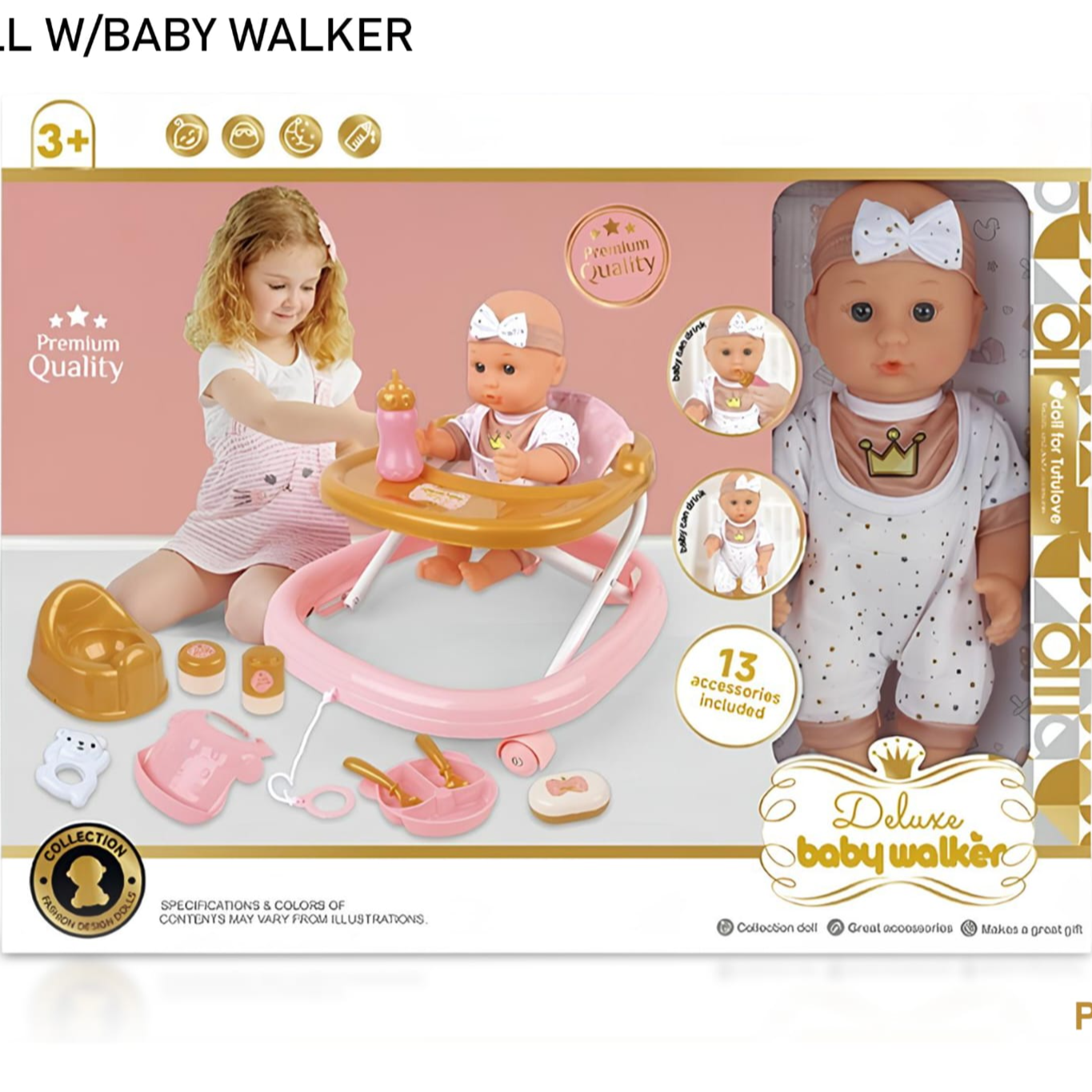 Boxed set with dolls and baby walker, featuring a child interacting with the toys.qatar price