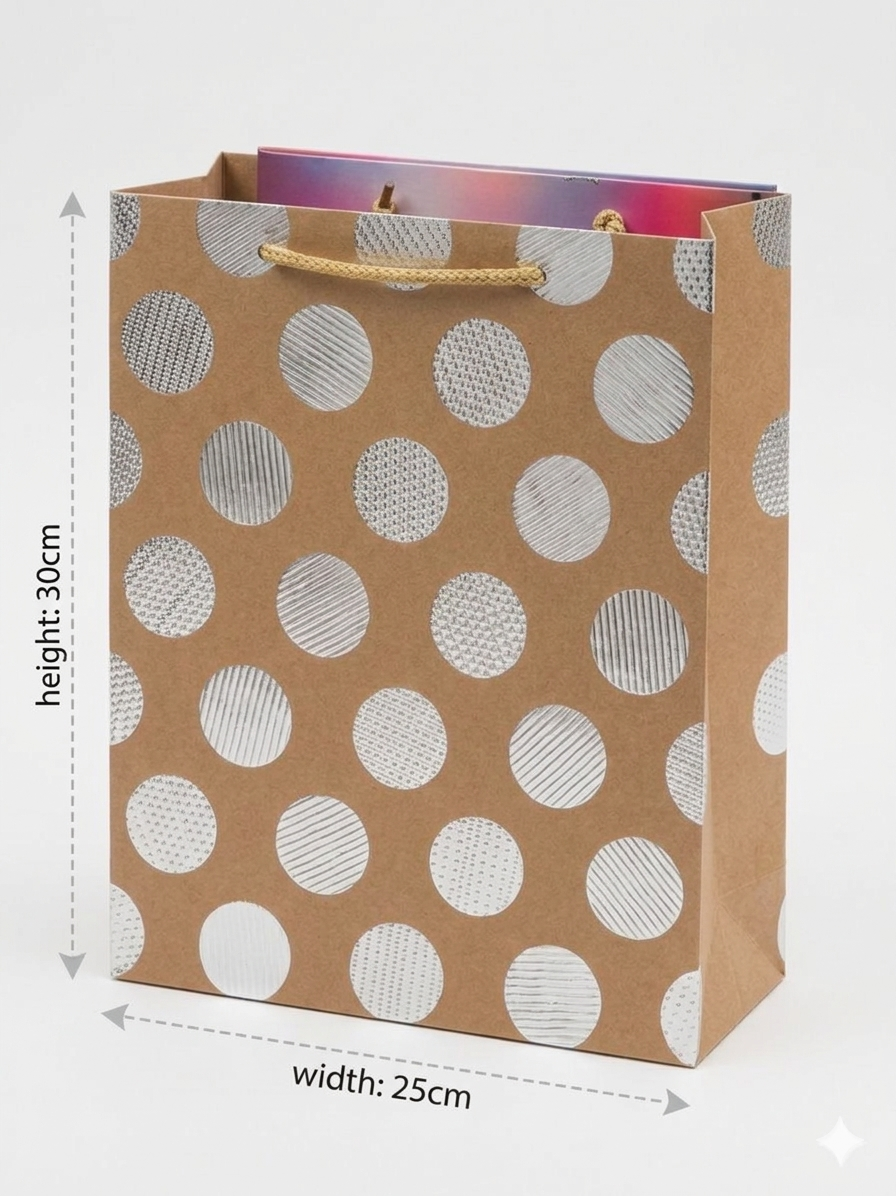 Brown paper bag with white polka dots and measurements on a white background QATAR PRICE