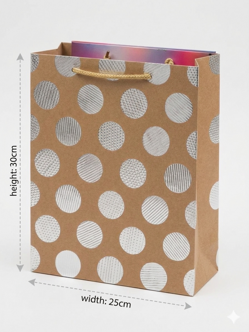 Kraft Paper Gift Bag – Silver Polka Dot Design (30x25cm)
