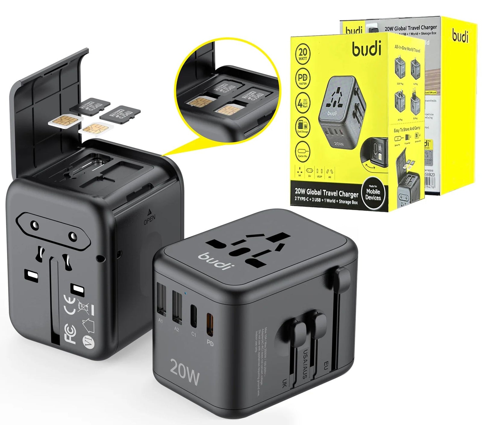 Budi 20W global travel charger with packaging on a white background