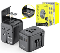 Budi 20W global travel charger with packaging on a white background