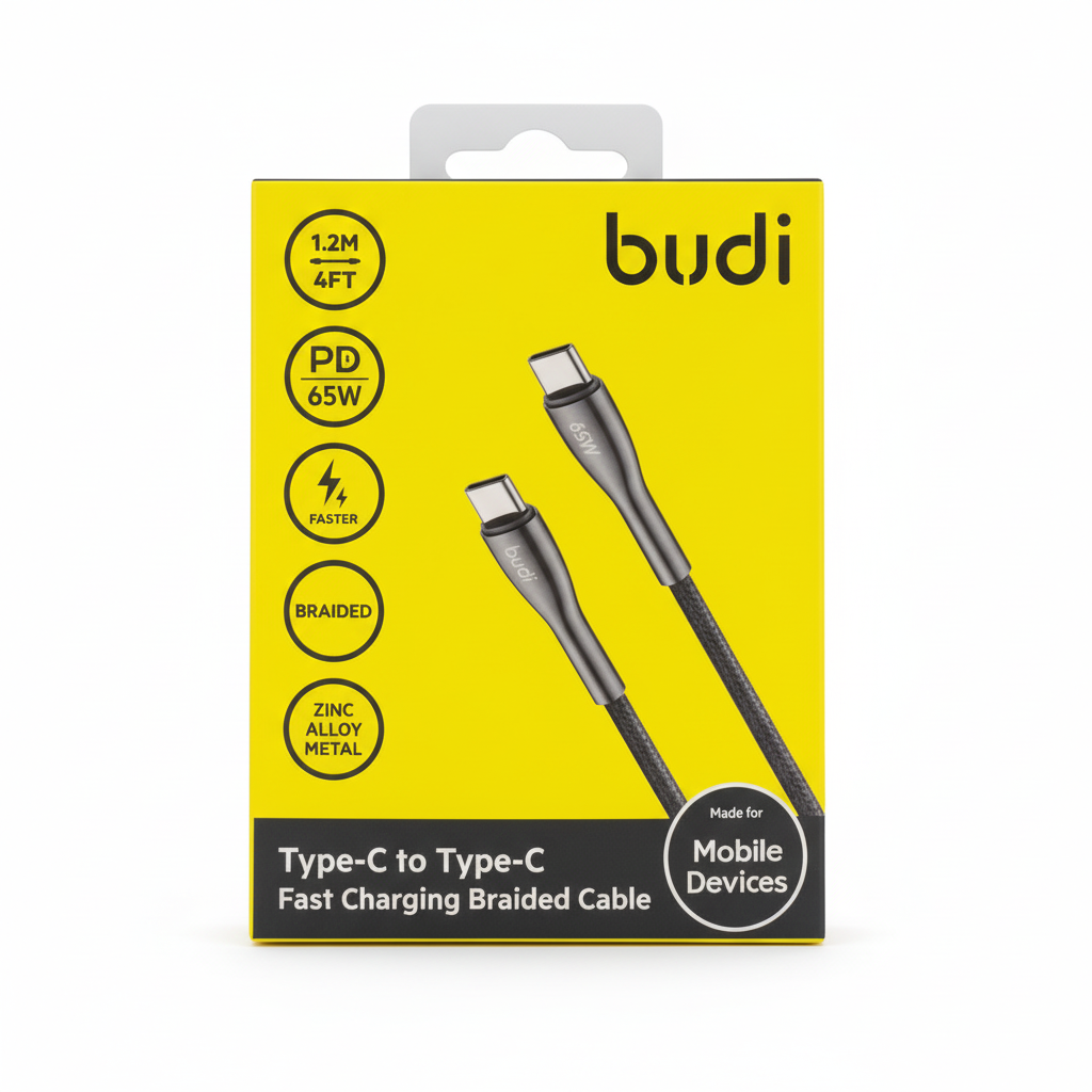 Budi Type-C to Type-C fast charging braided cable packaging on a white background