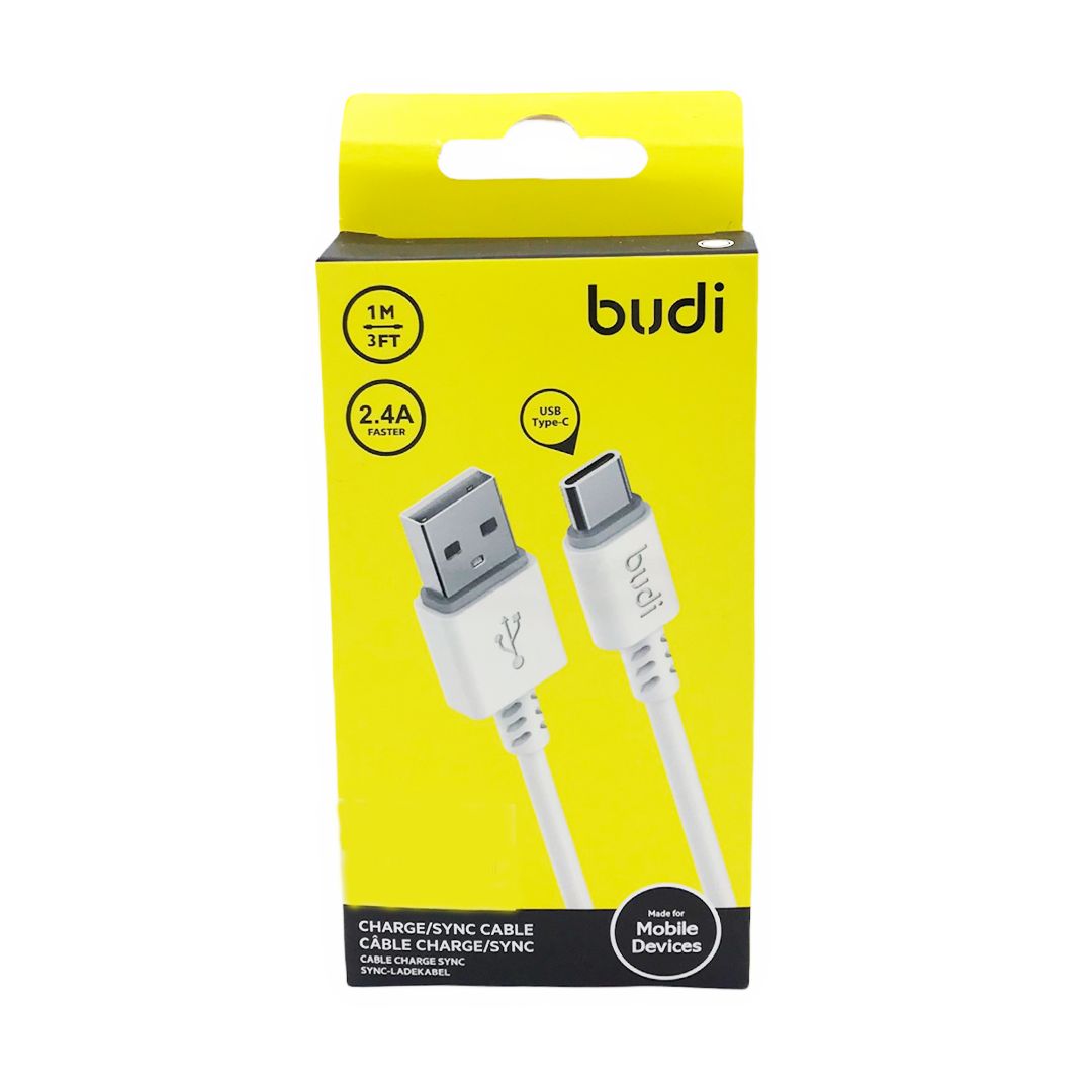Budi USB cable packaging with yellow background