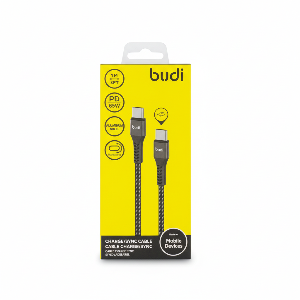 Budi charge/sync cable packaging on a white background