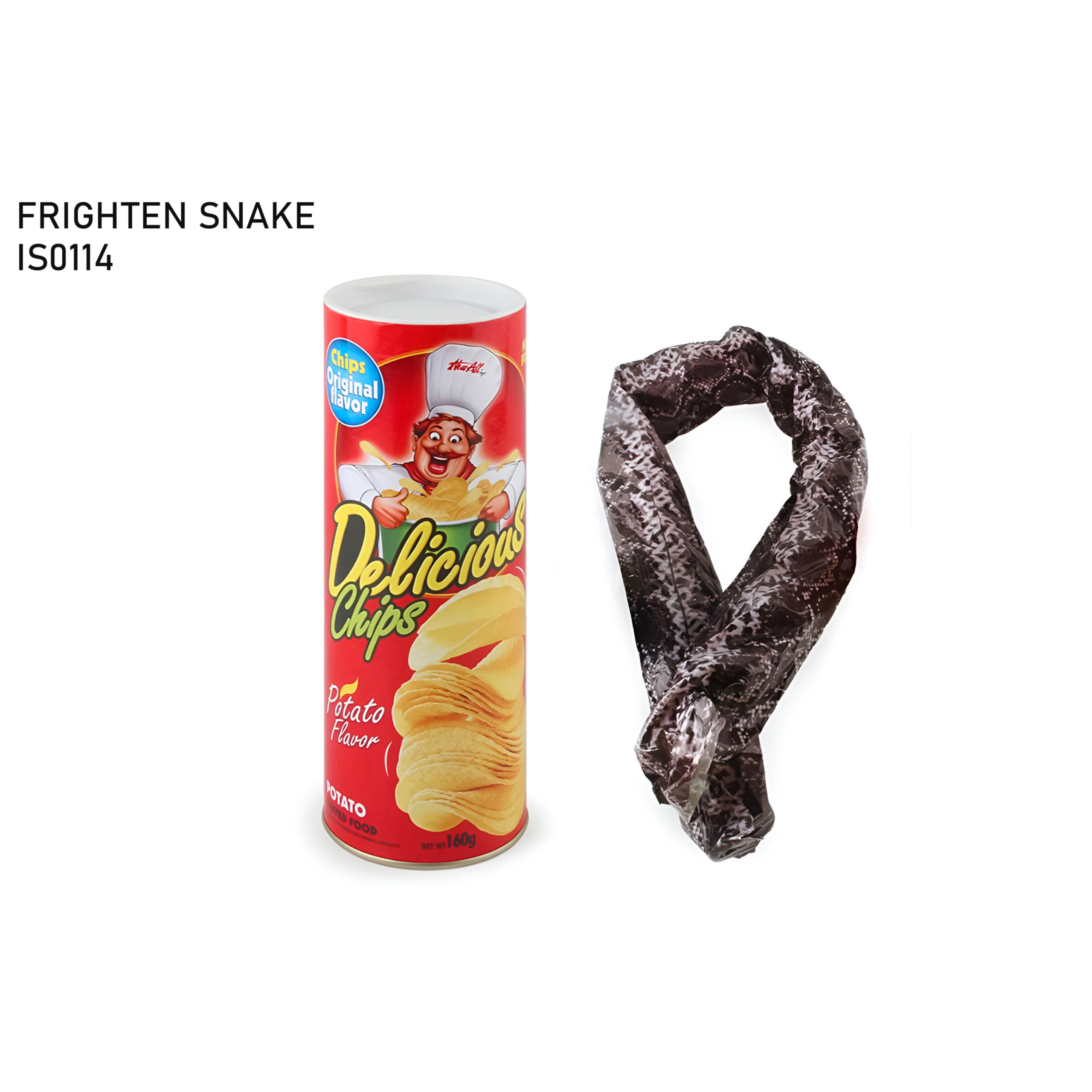 Can of 'Delicious Chips' with a decorative snake on a white background    qatar price  