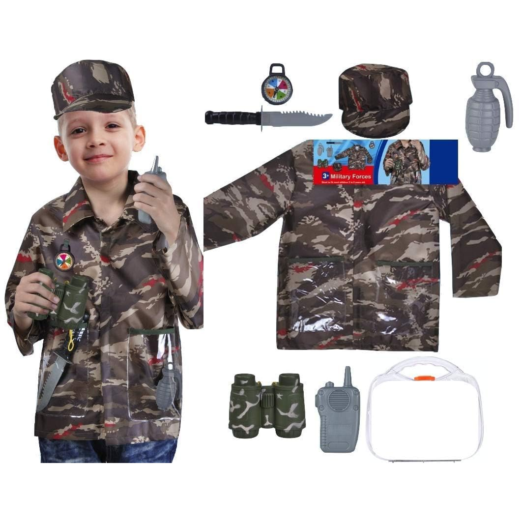 Child in camouflage outfit with military-themed accessories on a white background price qatar