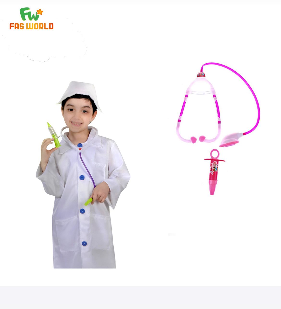 Child in white coat with medical accessories on a white background, featuring FAS World qatar.