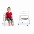 Child sitting on a white chair with a blue cushion, next to another similar chair on a white background qatar price