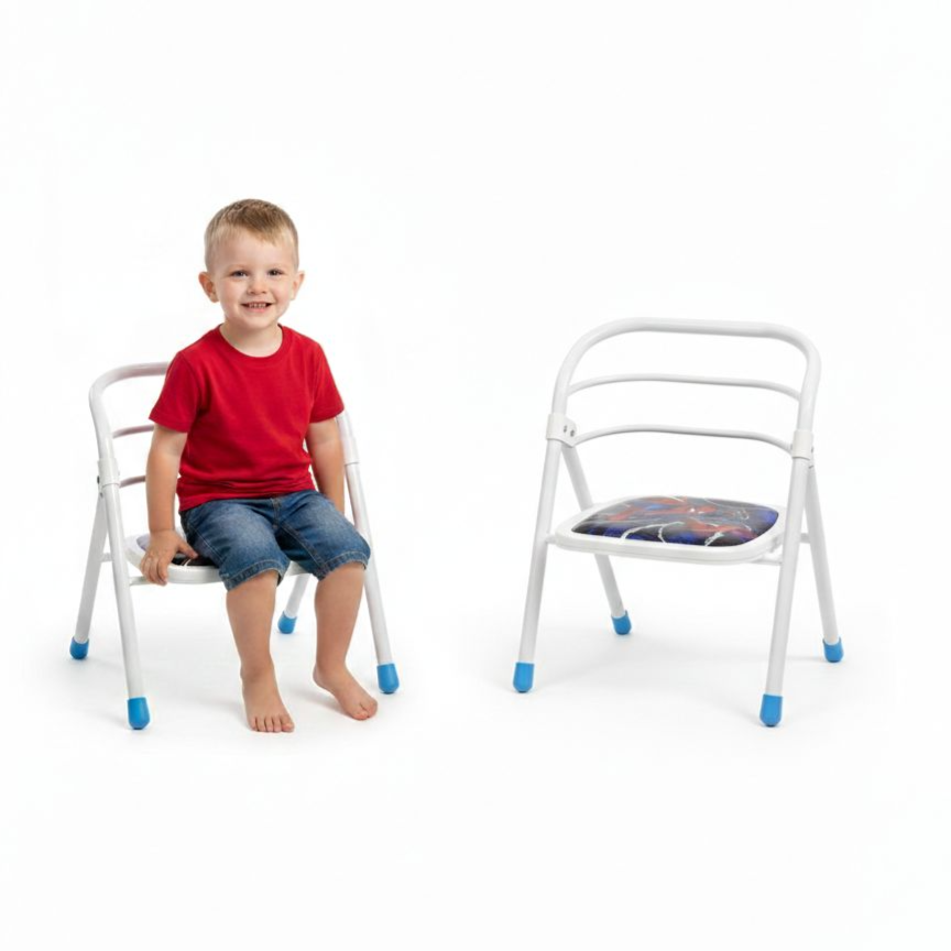 Child sitting on a white chair with a blue cushion, next to another similar chair on a white background qatar price