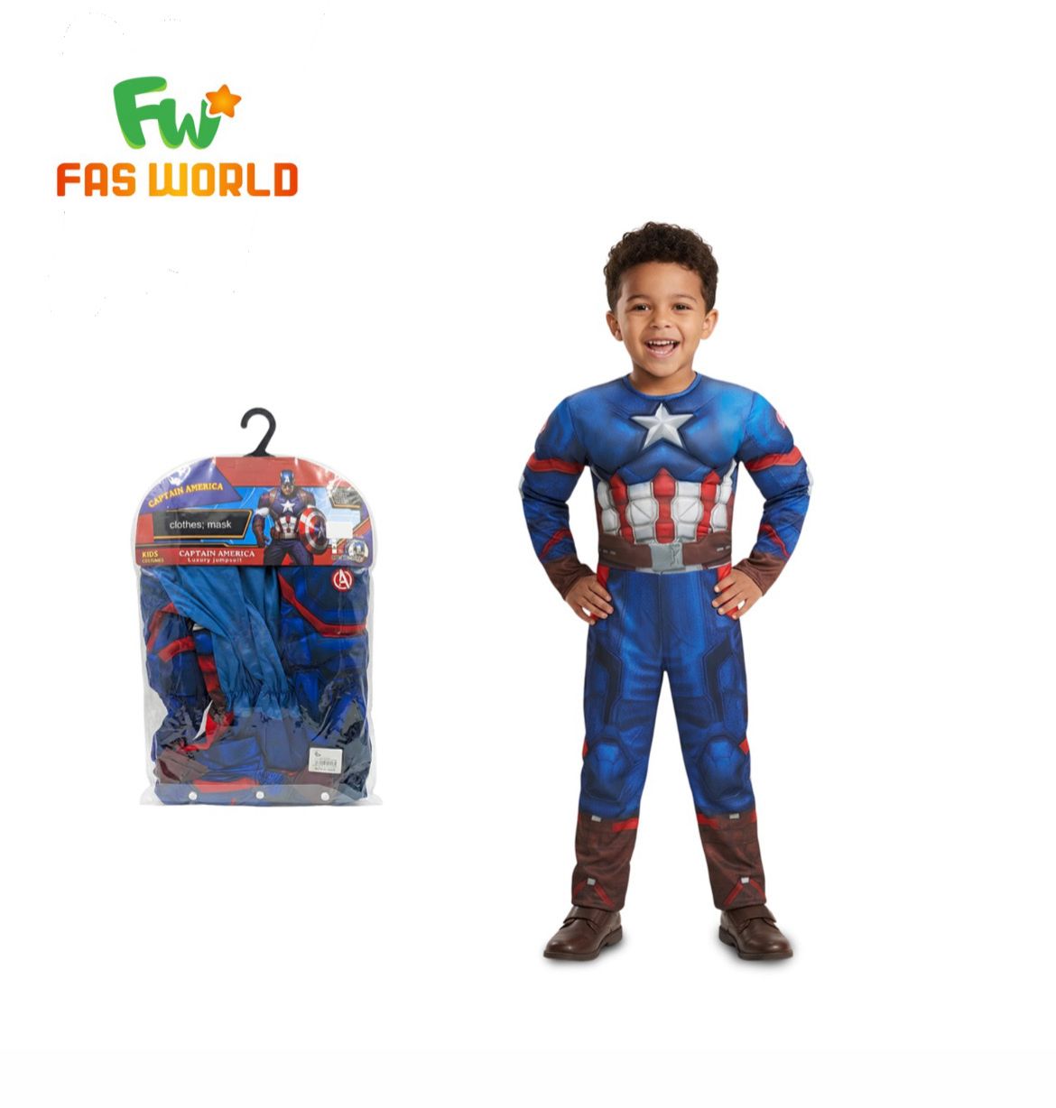 Child wearing a Captain America costume with packaging on a white background, QATAR PRICE