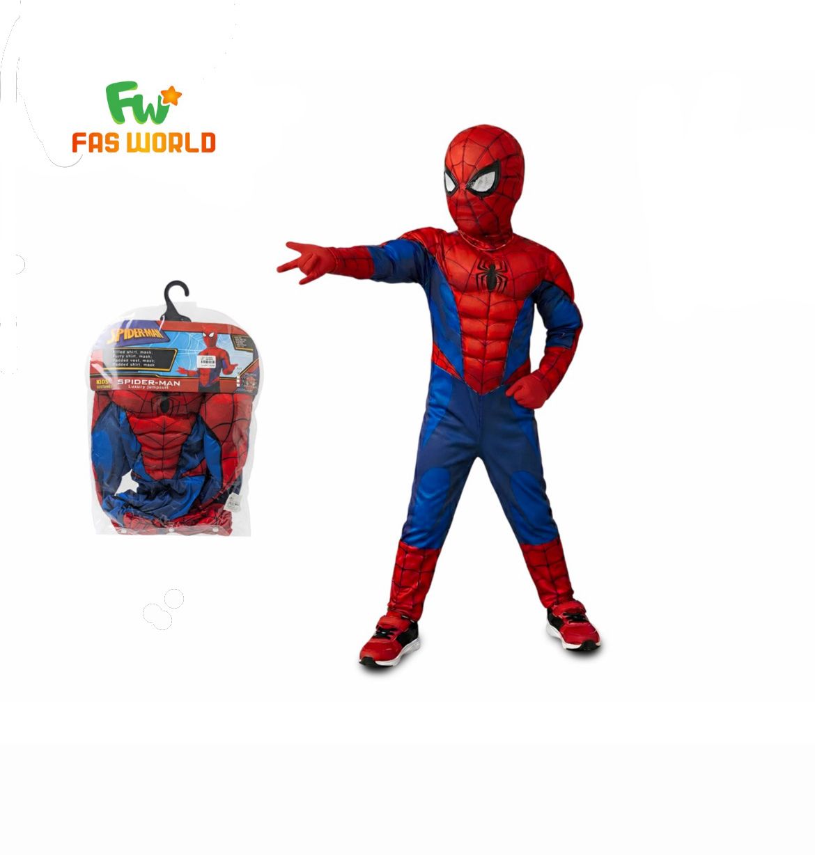 Child wearing a Spider-Man costume with a muscle chest pack on a white background, branded 'FAS World'.