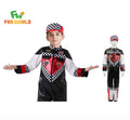 Child wearing a black and red racing suit with a checkered pattern, standing next to a white background.QATAR PRICE