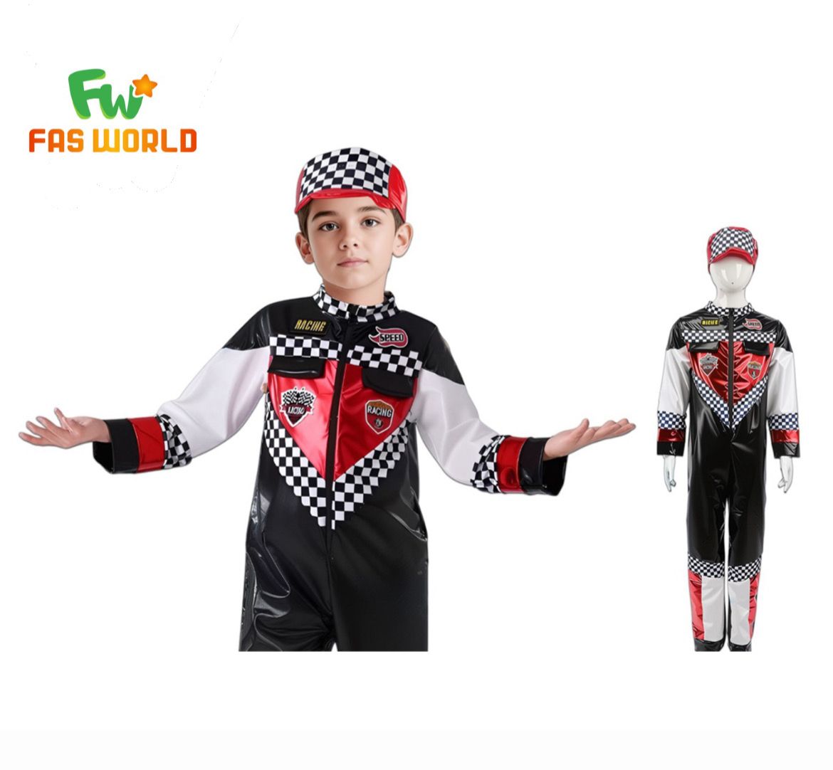 Child wearing a black and red racing suit with a checkered pattern, standing next to a white background.QATAR PRICE