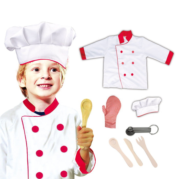 Child wearing a chef's outfit with a set of chef accessories on a white background Price Qatar
