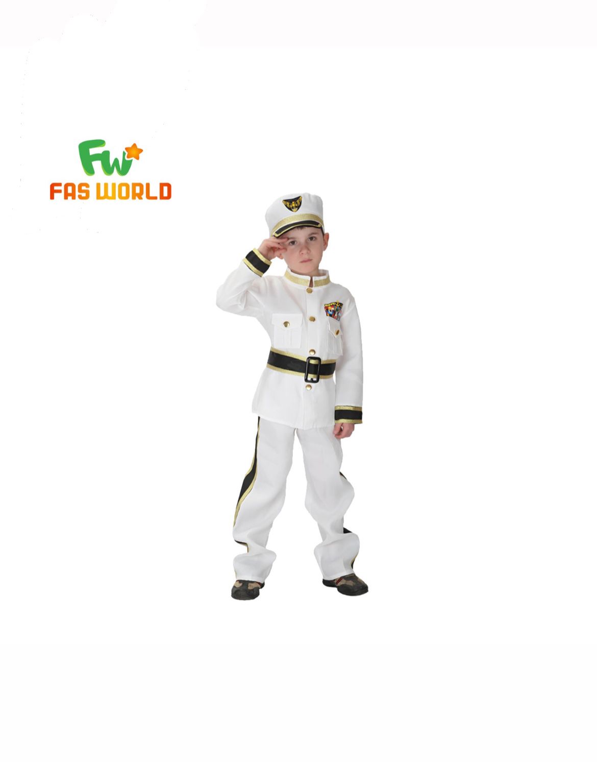 Child wearing a white captain's outfit with a hat on a white background, QATAR PRICE