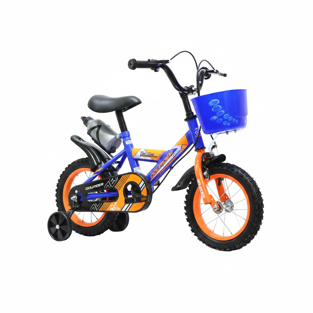 Children's bicycle with training wheels and a blue basket on a white background qatar price