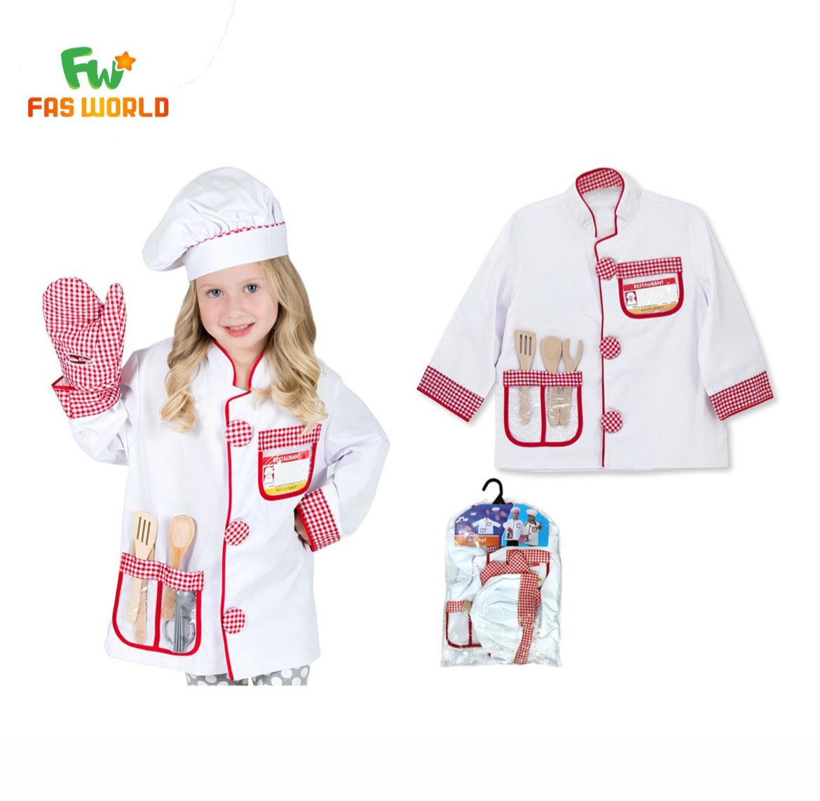 Children's chef outfit with coat, hat, and gloves on a white background