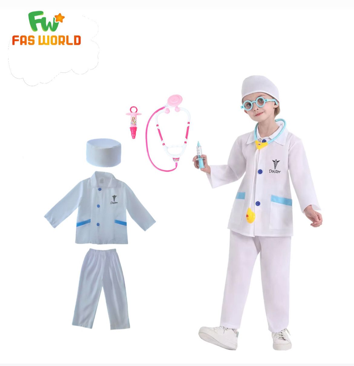 Children's doctor costume set with white coat, pants, hat, and toy stethoscope on a white background.