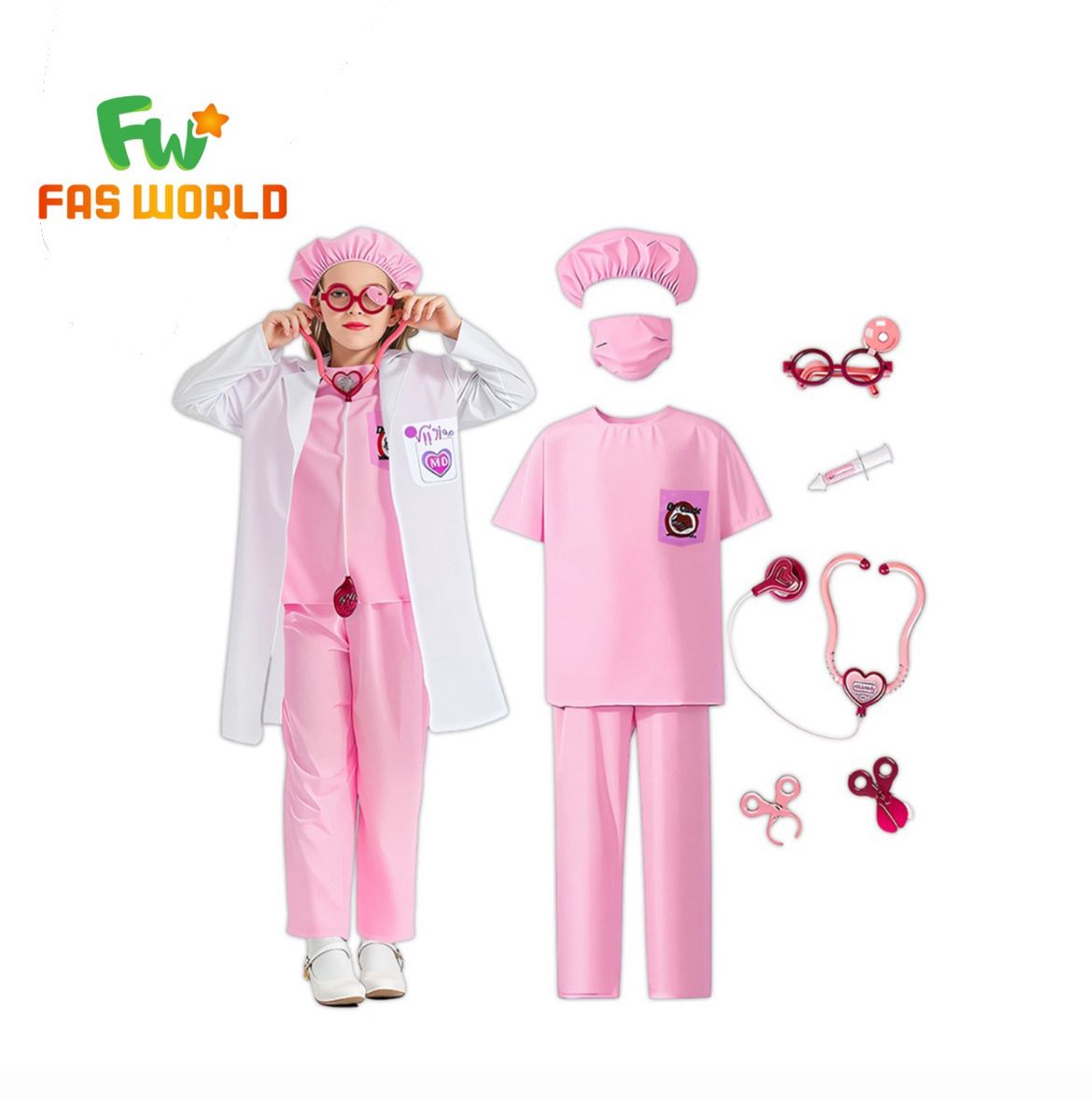 Children's doctor outfit with accessories on a white background, QATAR PRICE
