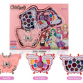 Children's makeup set with butterfly design, including eyeshadow and glitter lip gloss, on a pink background.price qatar