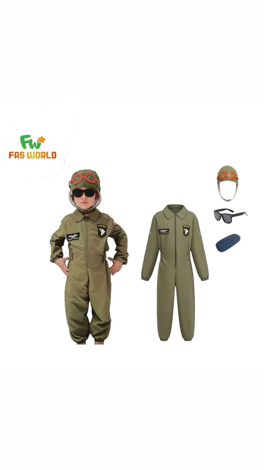 Children's military costume with jumpsuit, helmet, goggles, and boot on a white background.