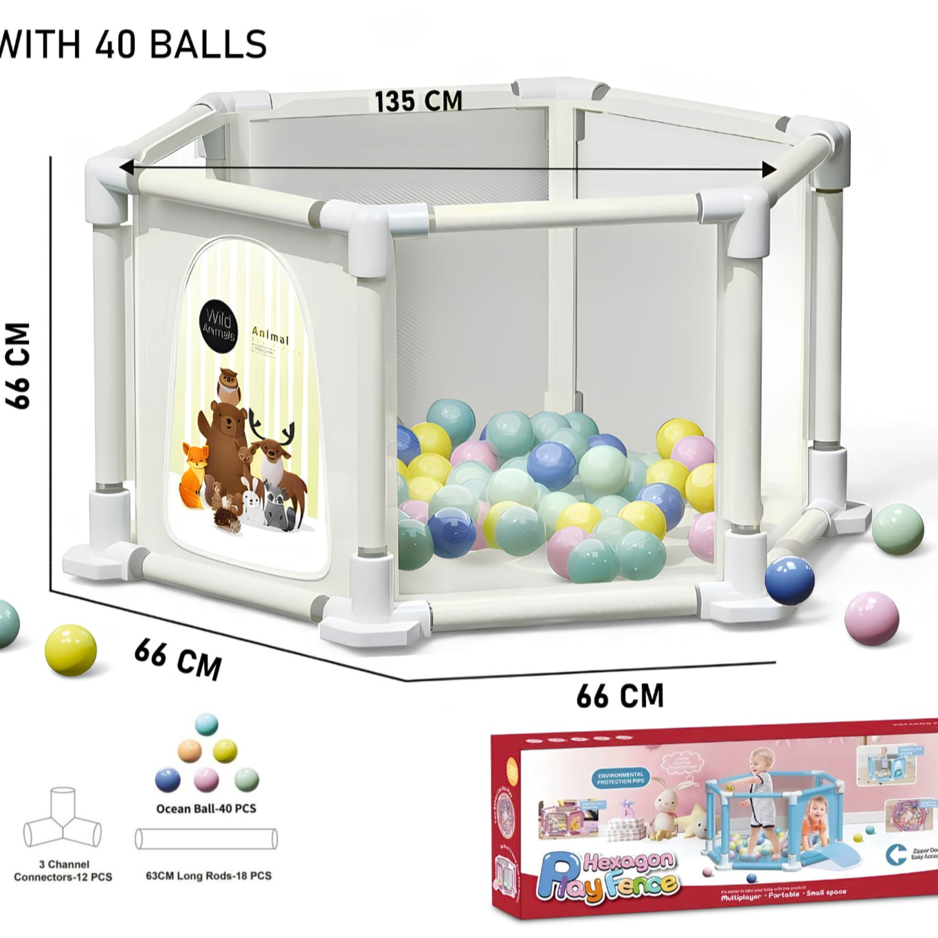 Children's playpen with 40 balls inside, showing dimensions and a product box.price qatar