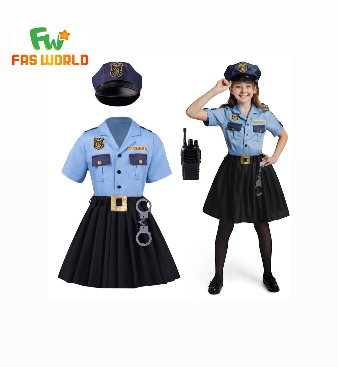 Children's police costume with uniform, hat, walkie-talkie, and handcuffs on a white background.QATAR PRICE