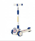 Children's scooter with pink handlebar, white body, and blue wheels, displayed with packaging and dimensions on a white background. QATAR PRICE