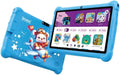 Children's tablet with colorful app icons displayed, featuring a blue case with a cartoon character on a white background.