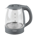 Clear glass electric kettle with gray handle and base, featuring Clikon branding.qatar price