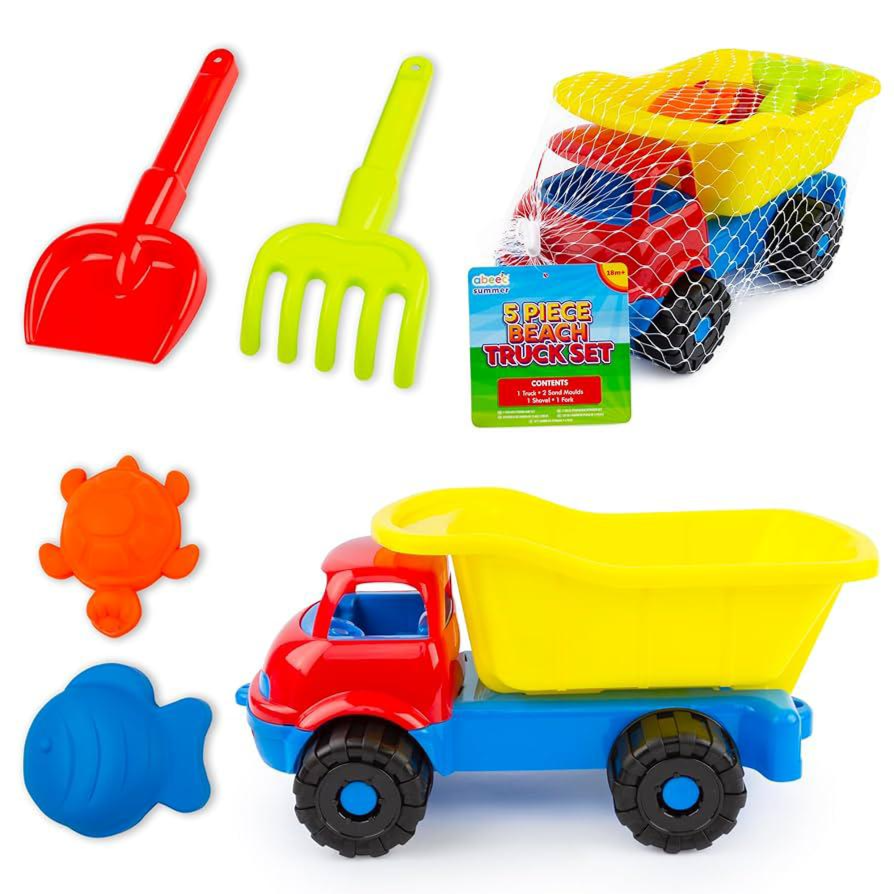 Colorful beach toy set with a dump truck, shovels, rakes, and molds on a white background.price qatar