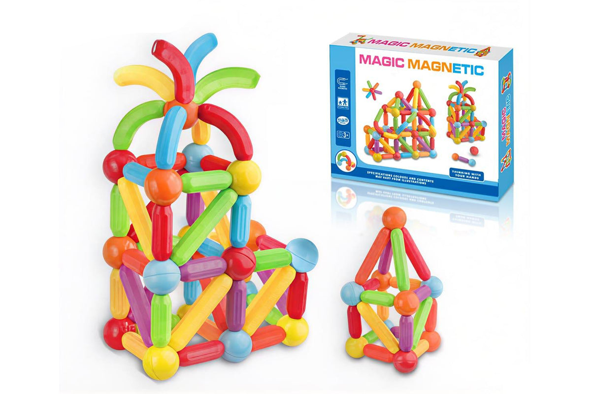 Colorful magnetic building blocks with a box labeled 'Magic Magnetic' on a white background QATAR PRICE