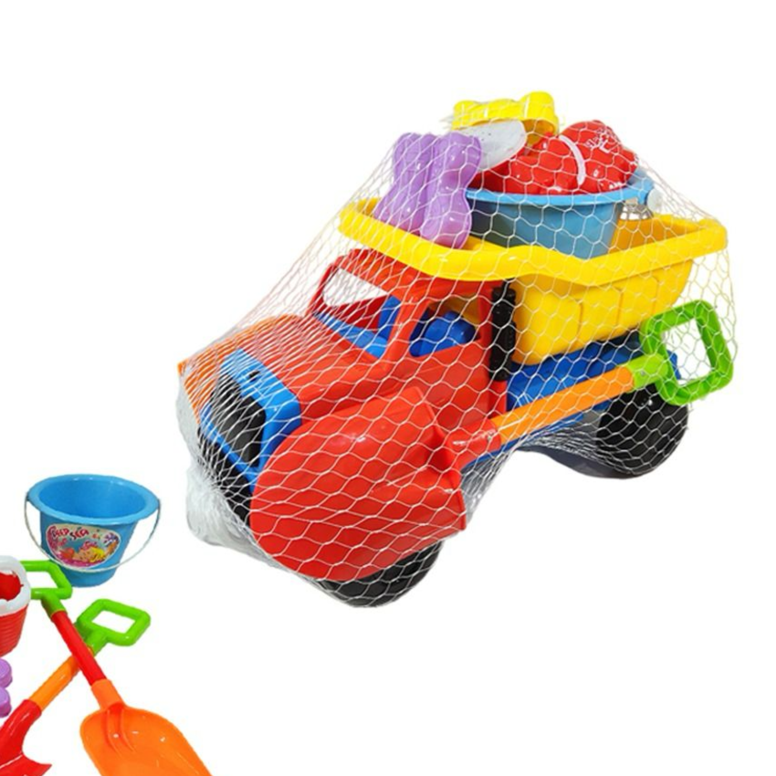 Colorful sand toys including shovels, buckets, and a truck in a mesh bag on a white background.Price Qatar
